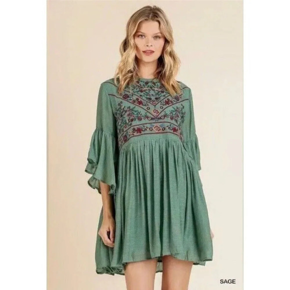 Umgee Sage Half Bell Sleeve Boho Bliss Embroidered Dress Rayon Size Small C0384 - Picture 1 of 6